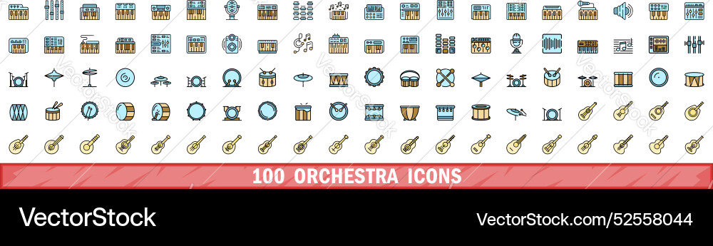 100 orchestra icons set color line style 100 orchestra icons set color line style vector image