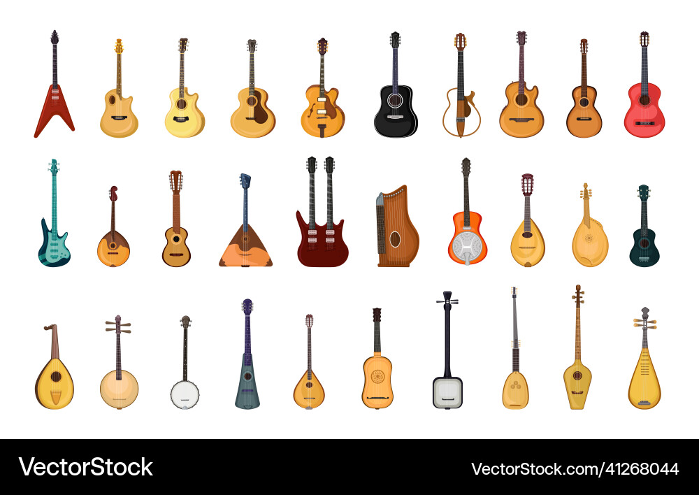 Set of stringed instruments and guitars Set of stringed instruments and guitars vector image
