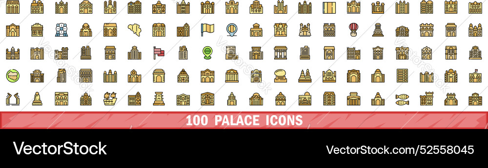 100 palace icons set color line style Vector Image