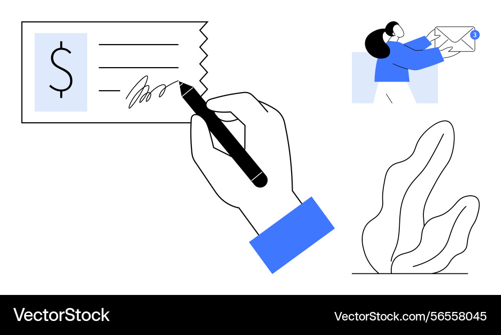 Hand signing a check with person holding vector image