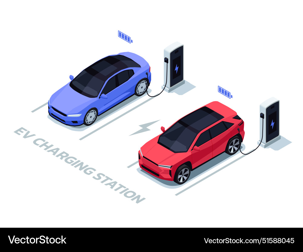 Isometric cars charging electric vehicle Isometric cars charging electric vehicle vector image