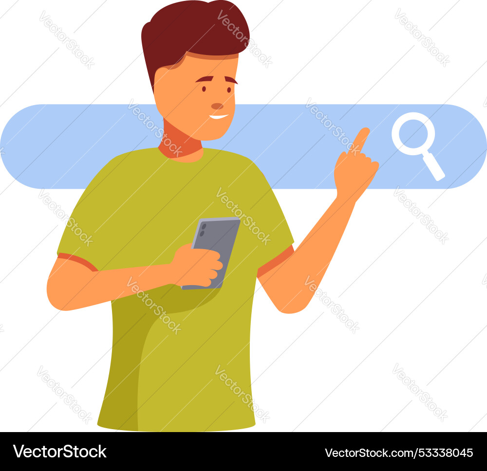 Man holding smartphone is pointing at search bar Man holding smartphone is pointing at search bar vector image