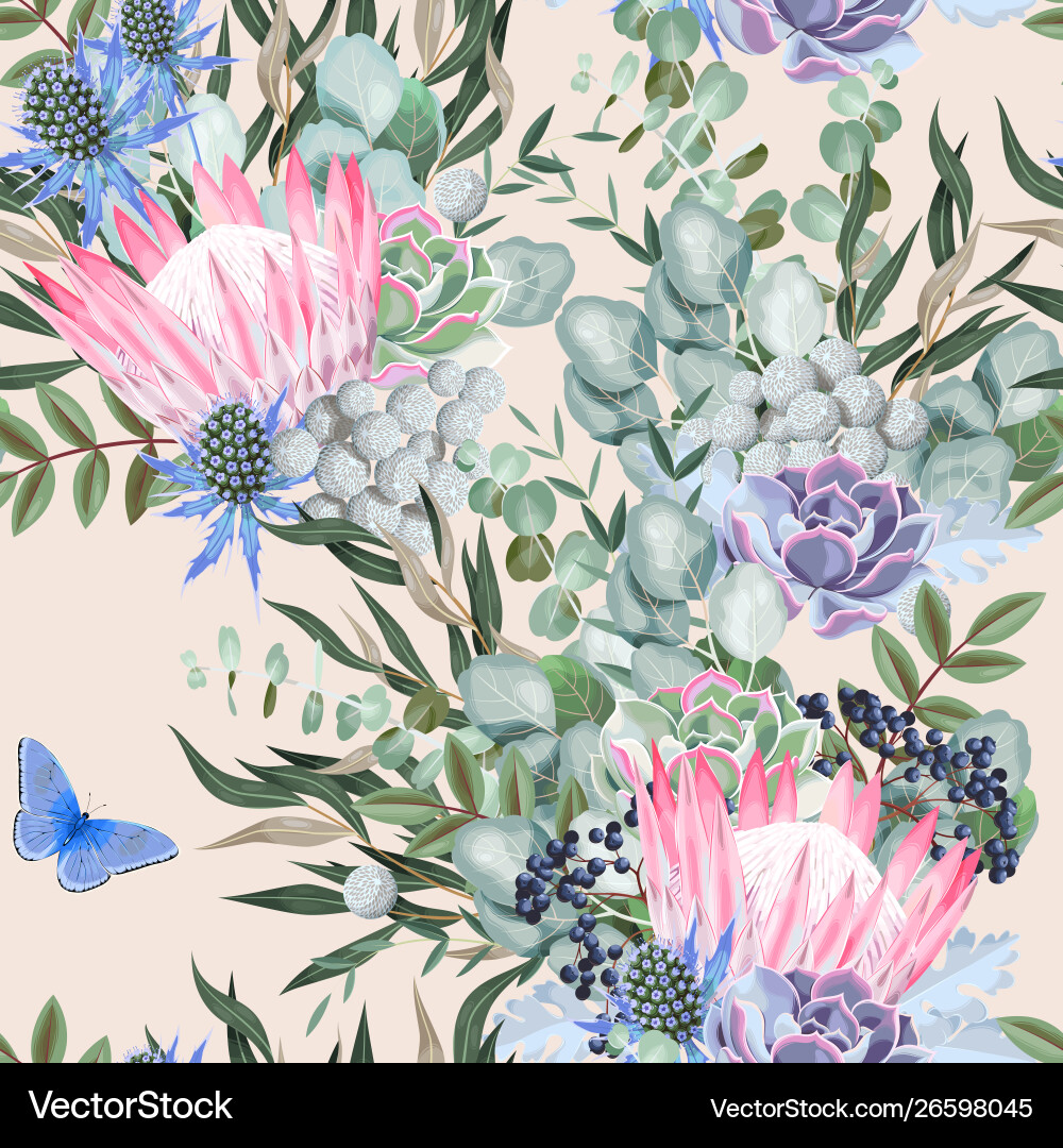 Plaited Protea & Greenery Pattern vector image