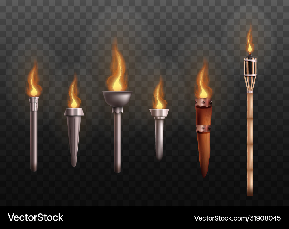 Realistic medieval torch set with burning fire Realistic medieval torch set with burning fire vector image