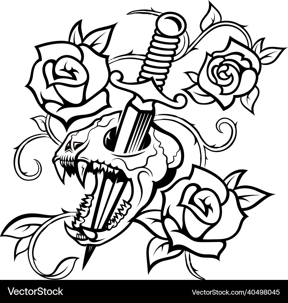 Scary Skull with Floral & Sword vector image
