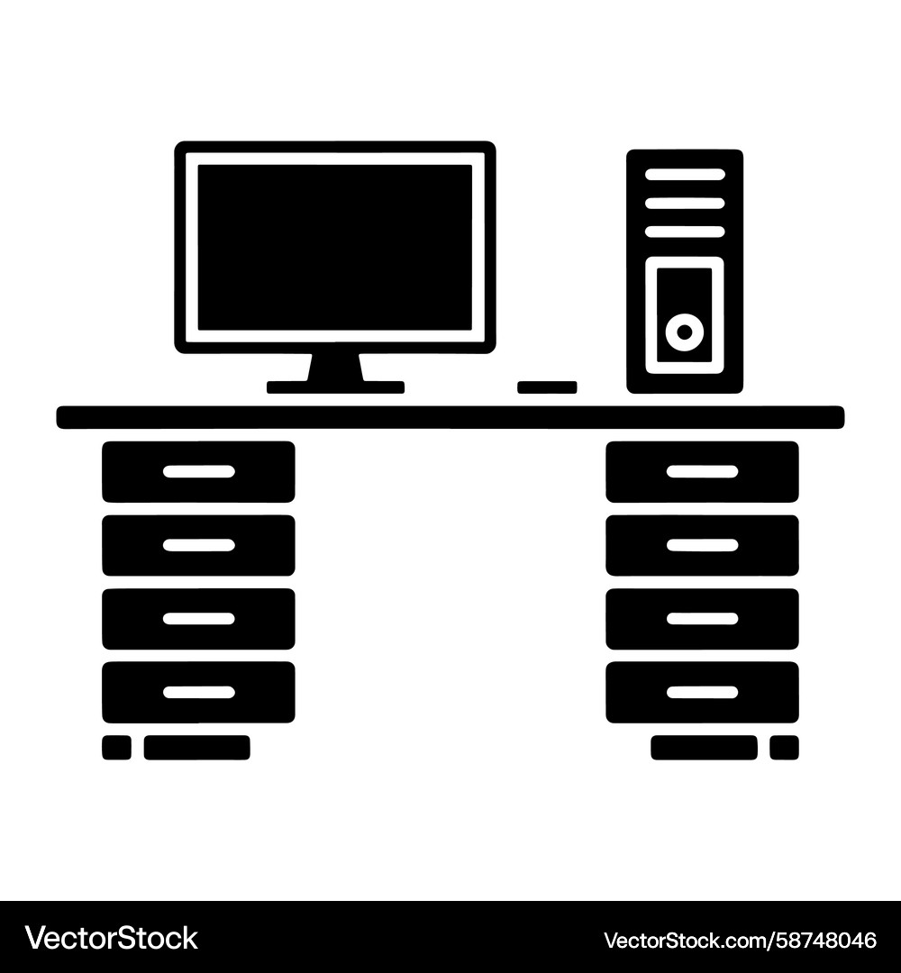 Black Computer Desk with Monitor and Tower Vector Image
