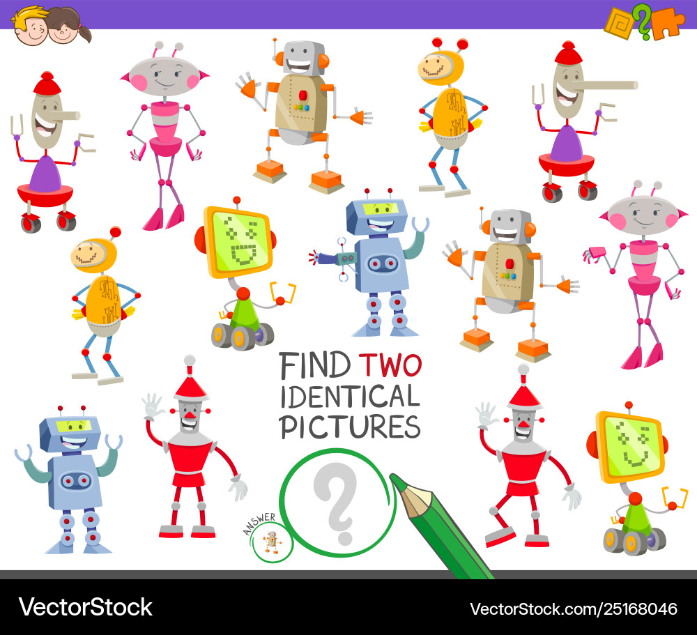 Find two identical robots task for children Find two identical robots task for children vector image