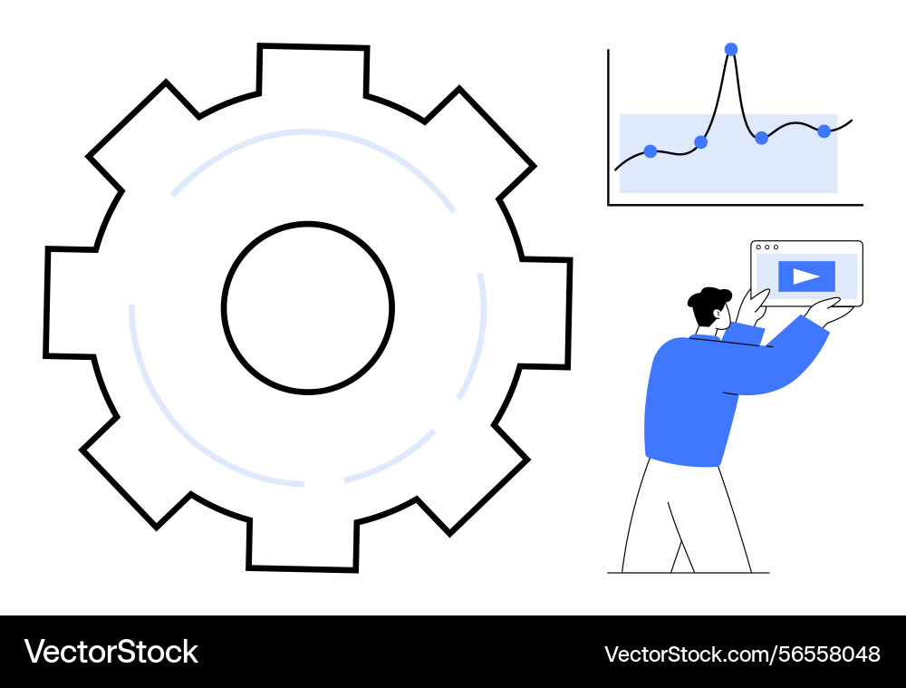 Gear with data graph and person holding tablet Vector Image