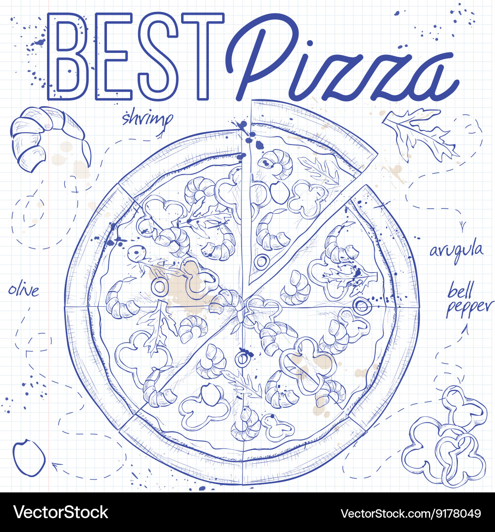 Pizza with shrimp on a notebook page vector image
