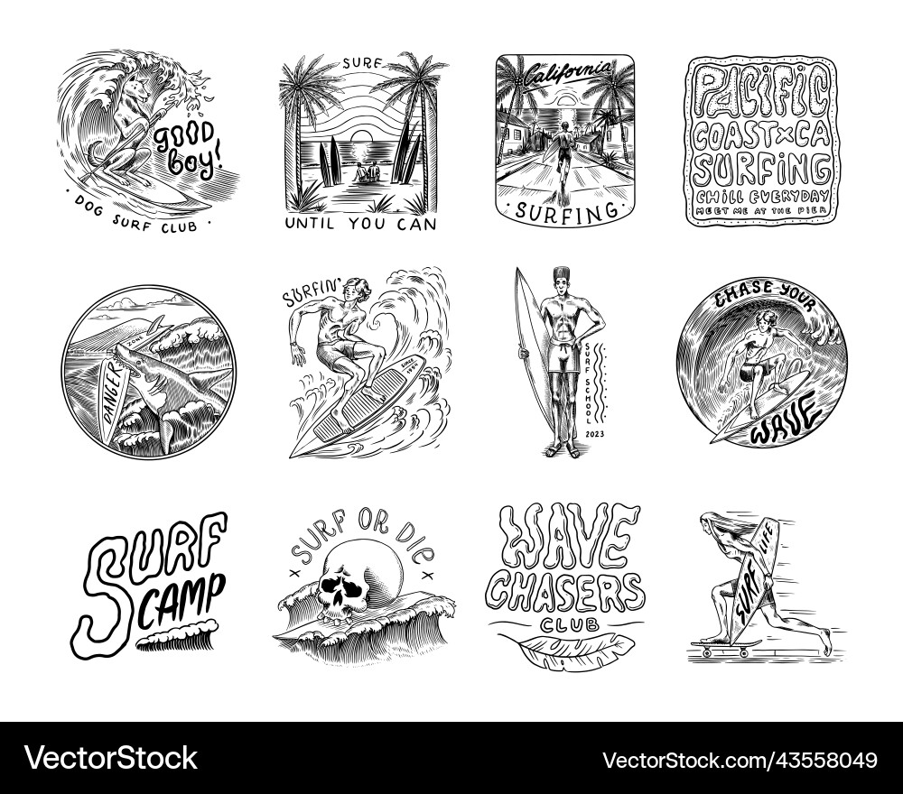 Surf badge vintage surfer logo retro wave Surf badge vintage surfer logo retro wave vector image