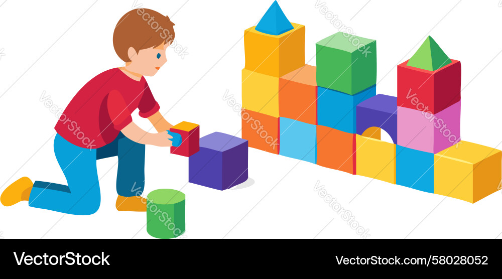 Child Playing with Colorful Blocks Vector Image