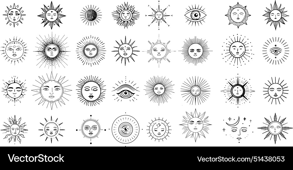 Alchemical icons ink sketch set sun moon Alchemical icons ink sketch set sun moon vector image
