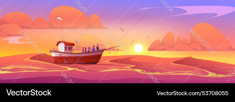 Fischschiff und Sonnenuntergang Himmel im Meer Hintergrund Fischschiff und Sonnenuntergang Himmel im Meer Hintergrund vektorbild