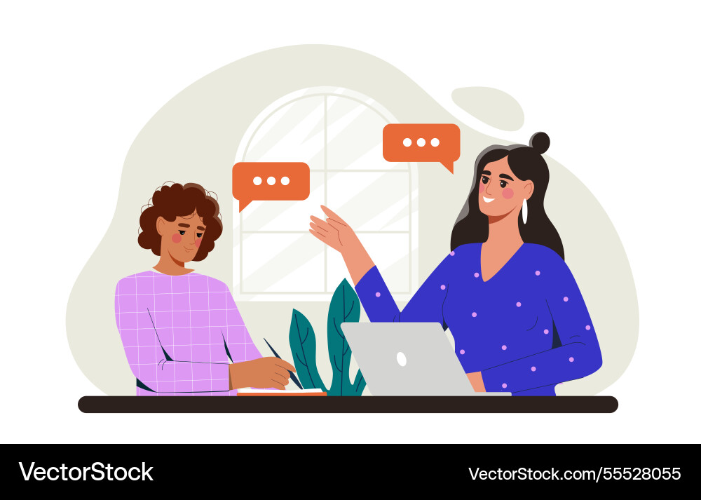 Mentor guiding a student during learning session Mentor guiding a student during learning session Vector Image