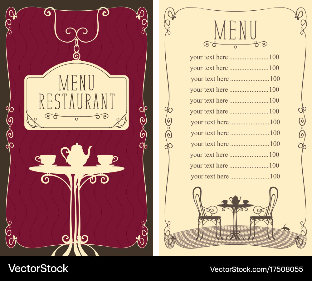 Menu for the cafe with price list and served table vector image