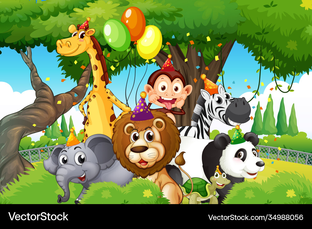 Wild animals with party theme in nature forest Wild animals with party theme in nature forest vector image