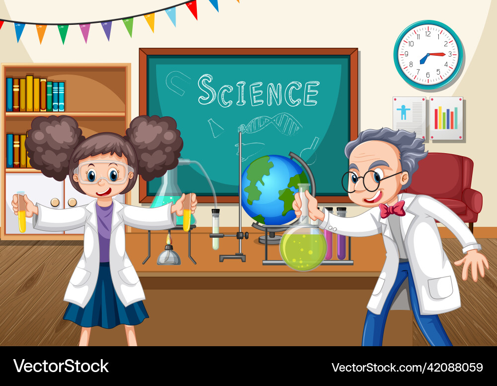 Classroom scene with scientist doing experiment Classroom scene with scientist doing experiment Vector Image