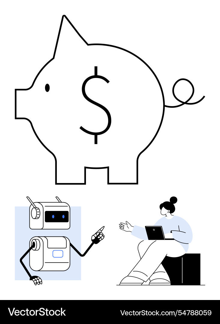 Simplistic piggy bank robot and person working Simplistic piggy bank robot and person working vector image