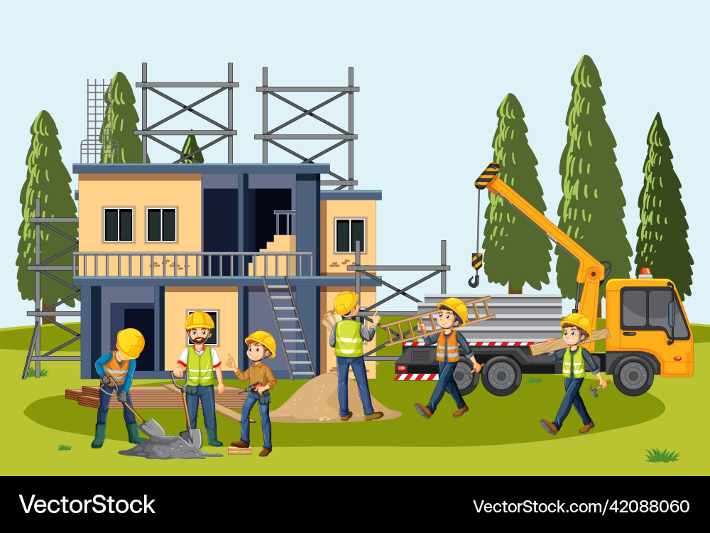 Building construction site with workers Vector Image