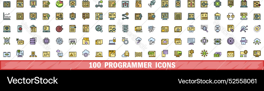 100 programmer icons set color line style 100 programmer icons set color line style vector image