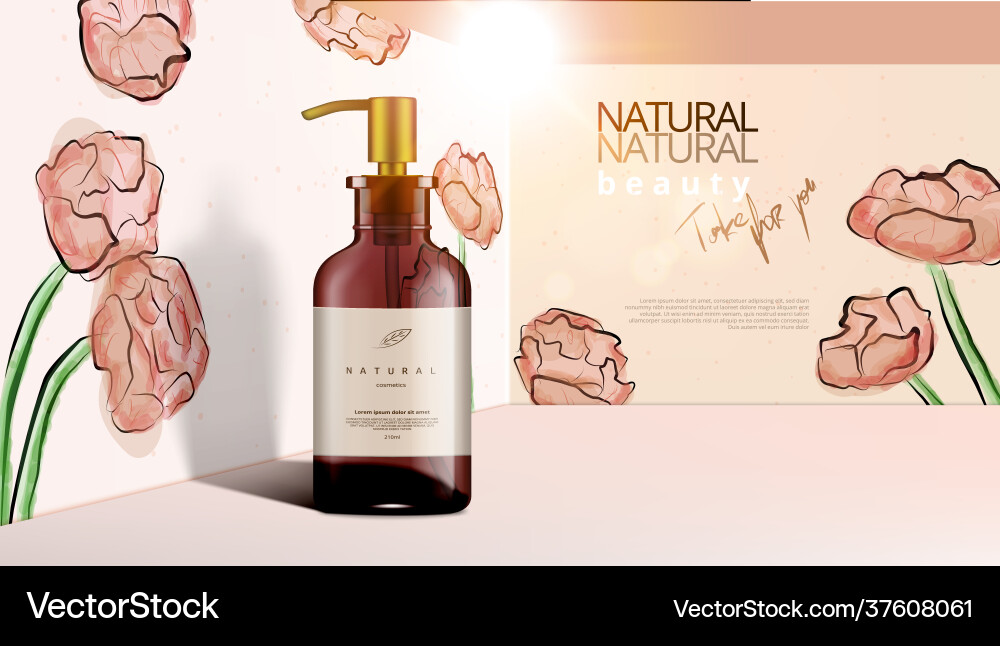 Cosmetic dispenser bottle with hand draw flowers Cosmetic dispenser bottle with hand draw flowers vector image