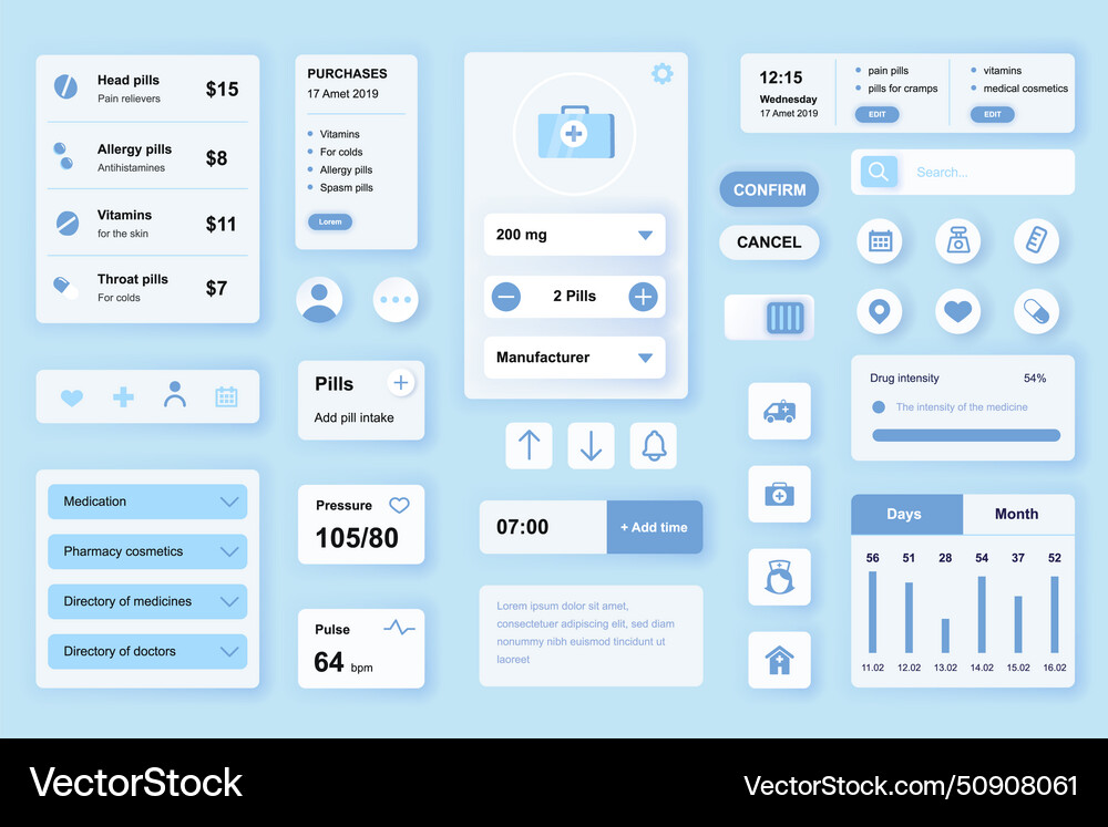 User interface elements set for medical mobile app vector image