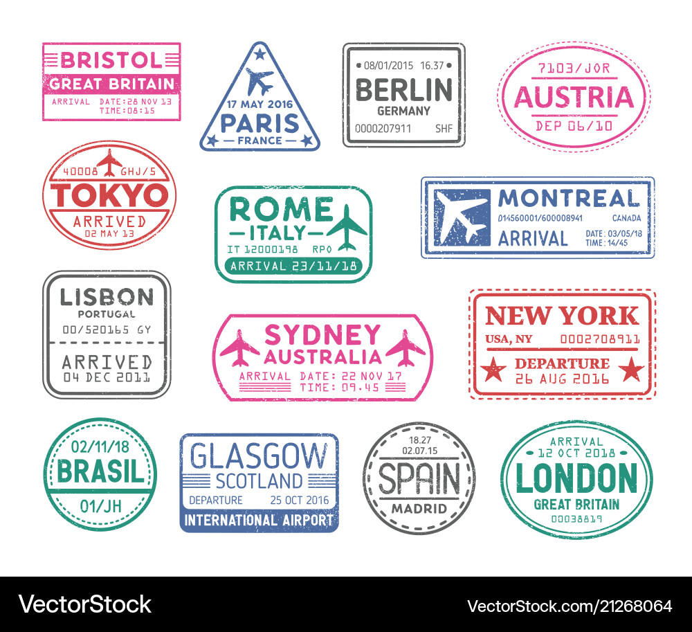 Collection of passport visa stamps isolated