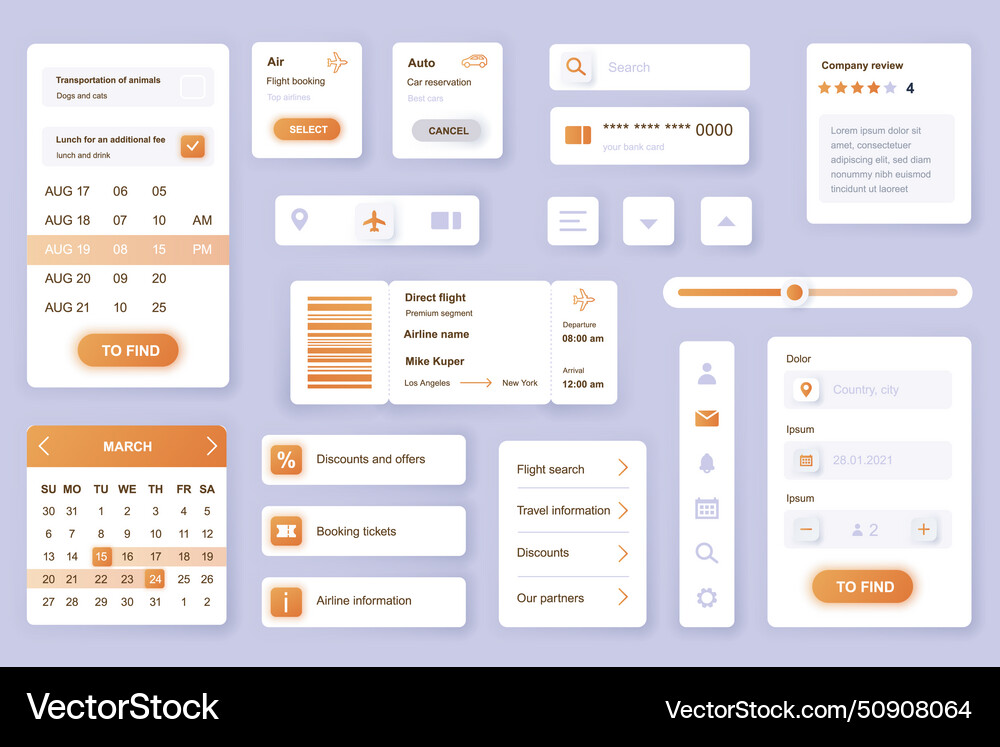User interface elements set for booking mobile app