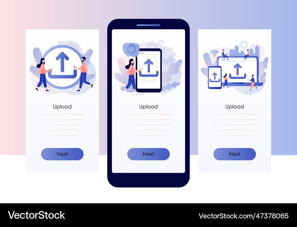 Upload symbol load sign tiny people uploading Upload symbol load sign tiny people uploading vector image