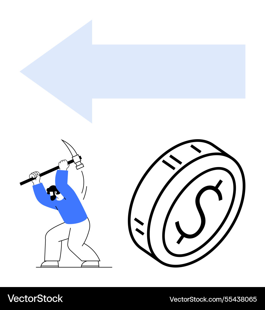 Worker mining with pickaxe near coin large arrow Vector Image