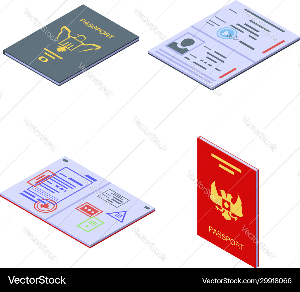 Passport icons set isometric style Passport icons set isometric style vector image