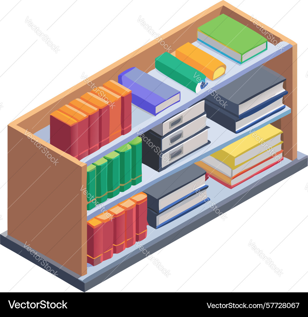 Isometric large bookshelf filled with extensive vector image