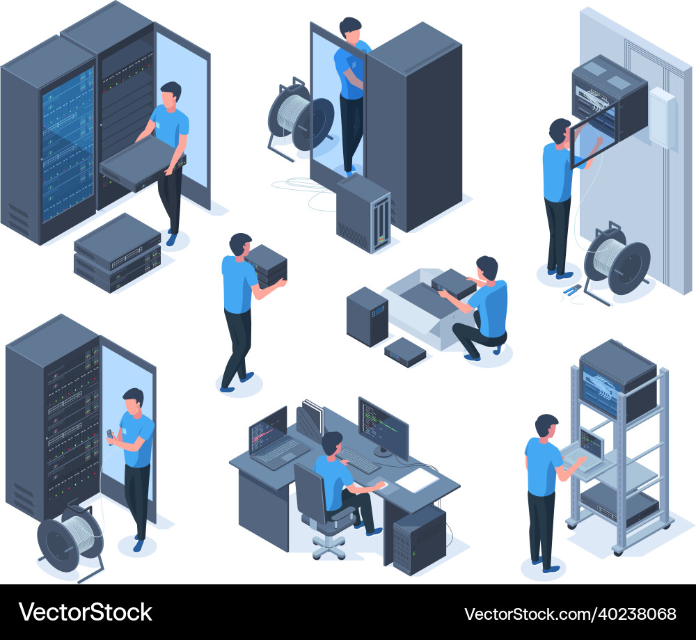 Isometric engineers characters serve data center Isometric engineers characters serve data center vector image