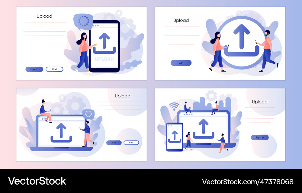 Upload symbol load sign tiny people uploading Upload symbol load sign tiny people uploading vector image