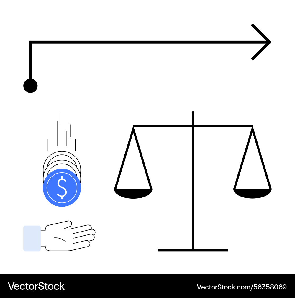 Arrow balancing scale and coins dropping Vector Image