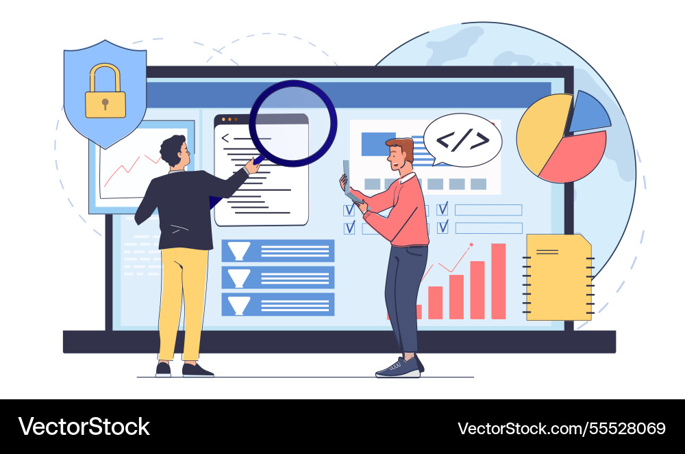 Data analysis and cybersecurity teamwork concept Data analysis and cybersecurity teamwork concept vector image