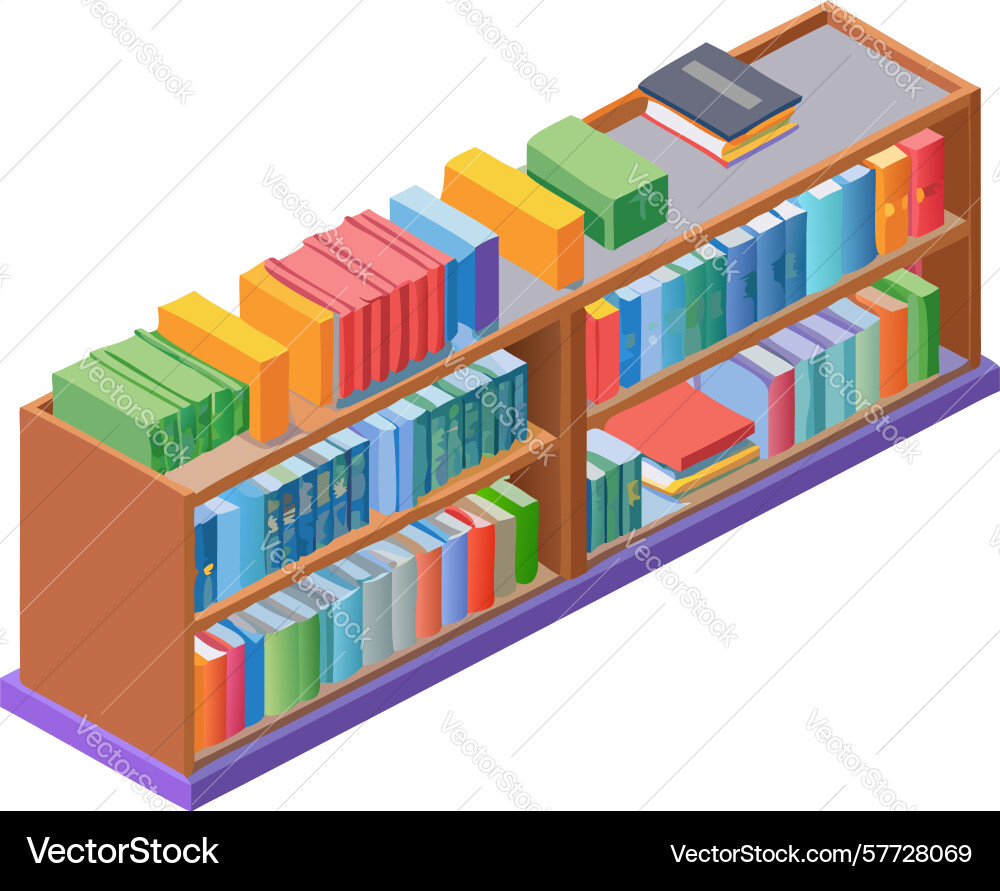 Isometric bookshelf overflowing with colorful vector image