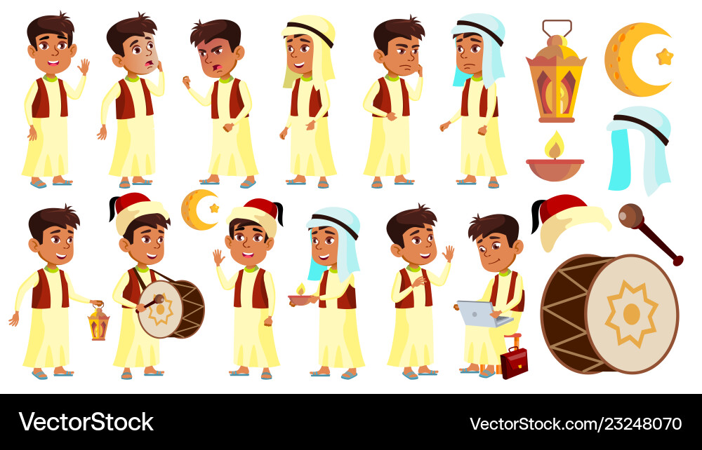 Arab muslim boy schoolboy kid poses set vector image