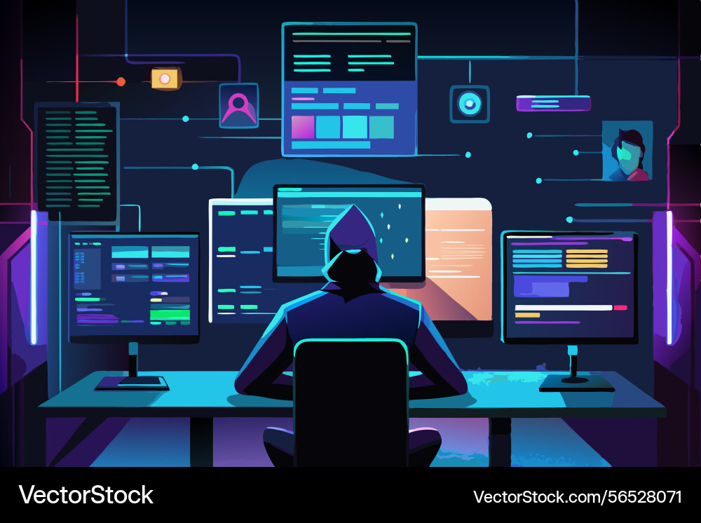 Futuristic coding workspace with glowing screens Futuristic coding workspace with glowing screens vector image