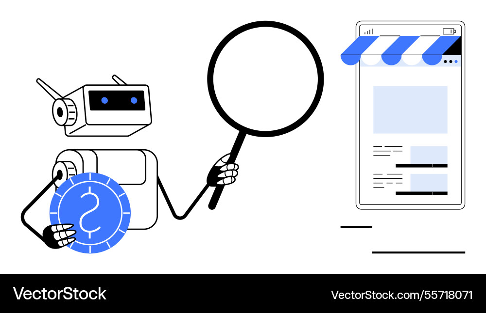 Robot analyzing online storefront with magnifying Robot analyzing online storefront with magnifying vector image