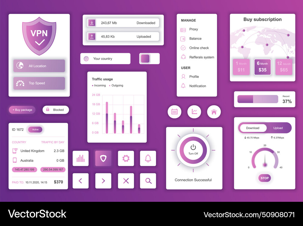 User interface elements set for vpn service mobile User interface elements set for vpn service mobile Vector Image