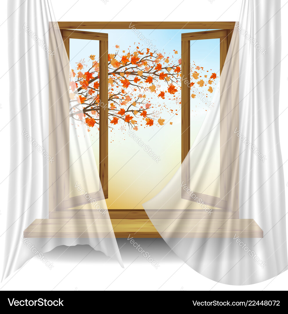 Autumn background with open window and colorful vector image