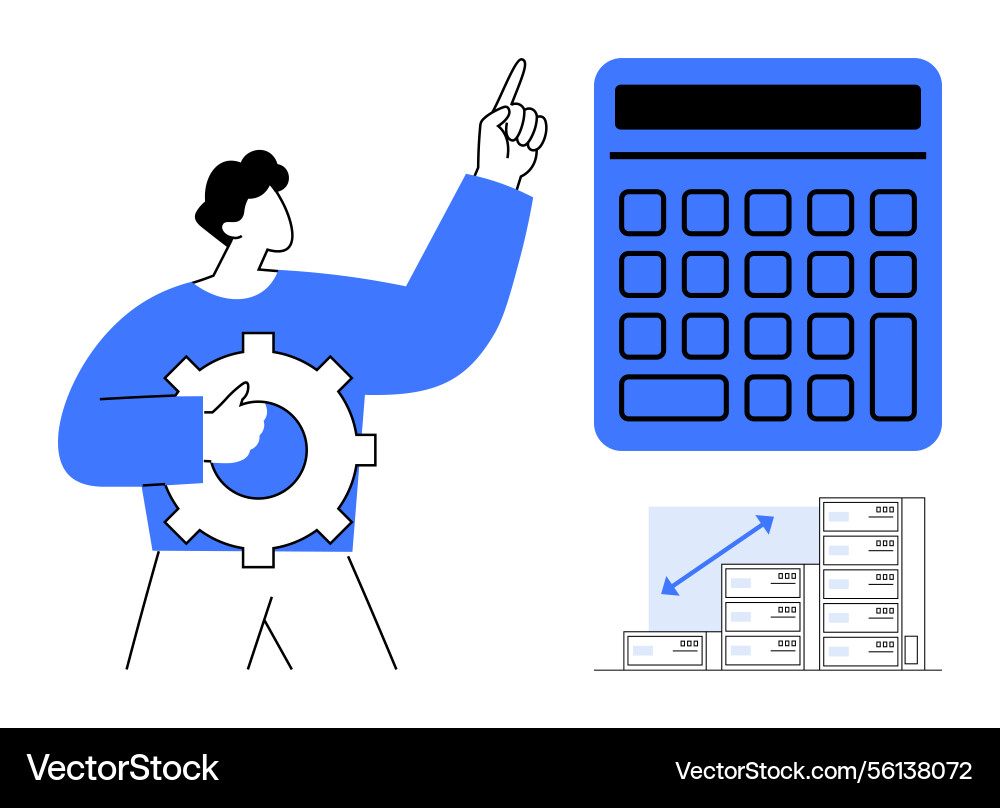 Man with gear pointing at large calculator next Man with gear pointing at large calculator next Vector Image