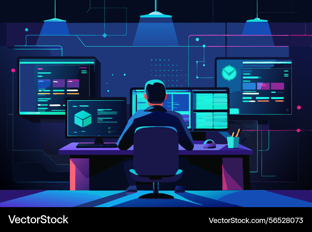 High tech office with several monitors displaying High tech office with several monitors displaying vector image