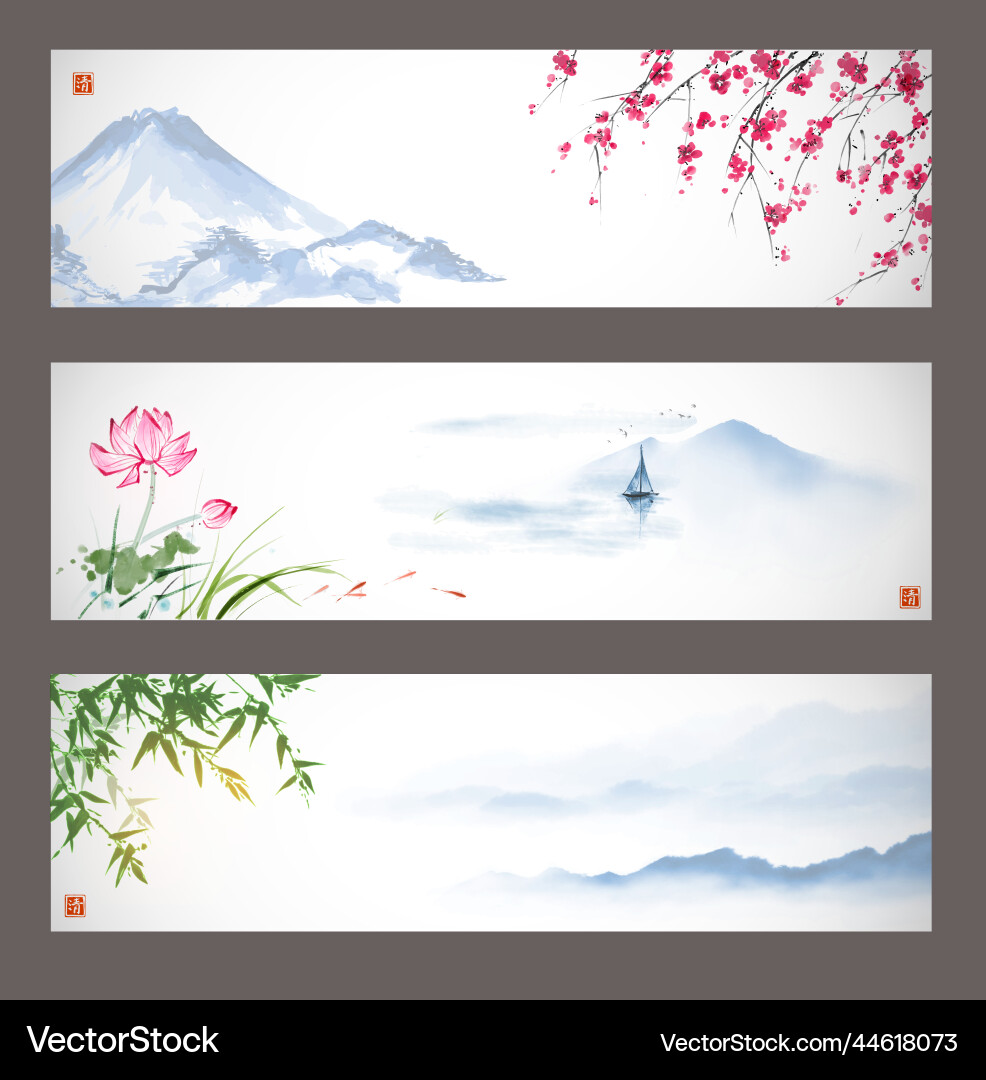 Three banners with mountains sakura blossom Three banners with mountains sakura blossom vector image