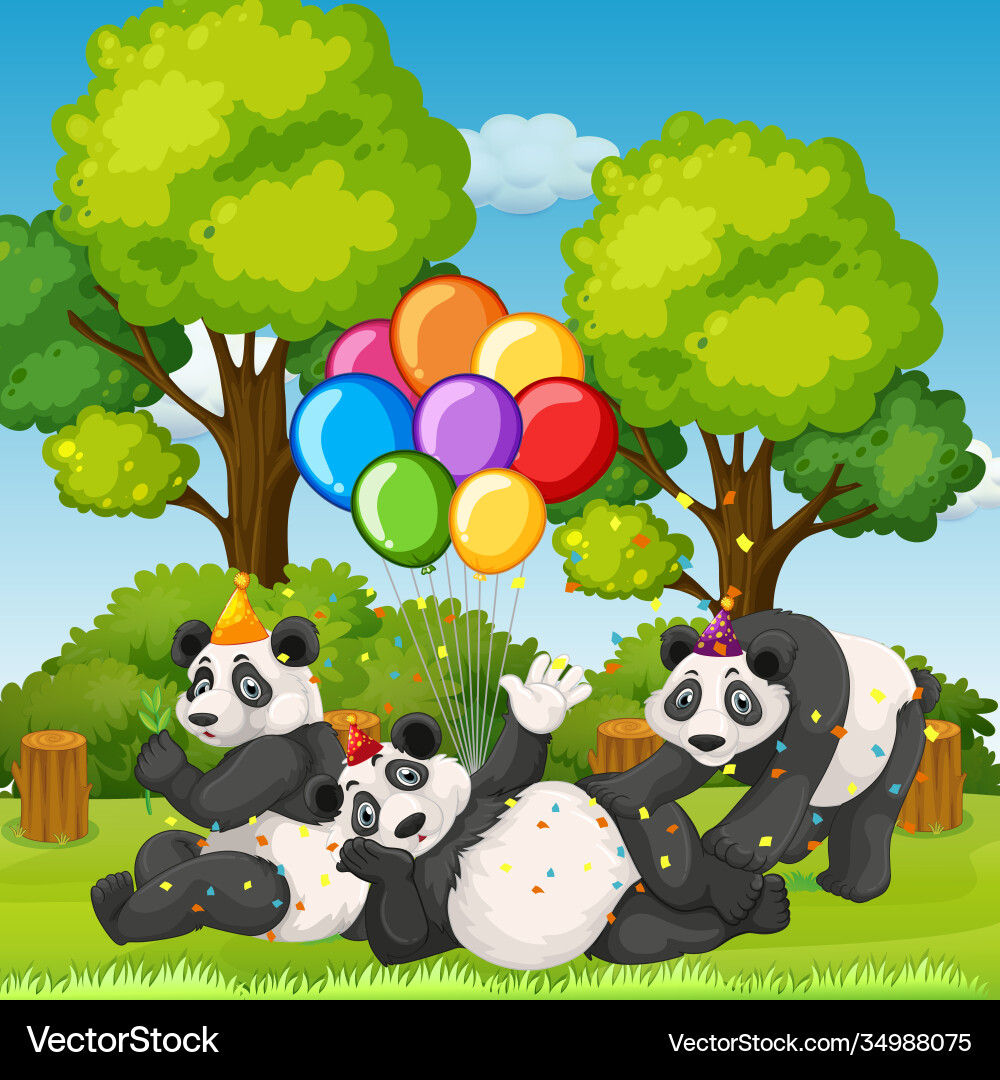 Many pandas in party theme nature forest Many pandas in party theme nature forest vector image
