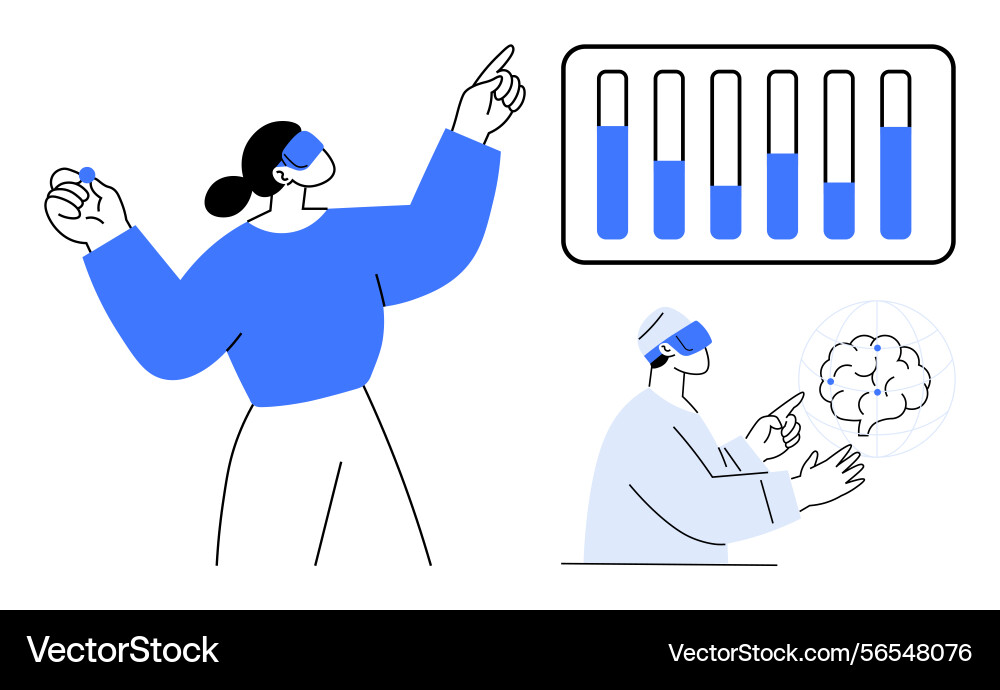 Scientists conducting experiments and discussing Scientists conducting experiments and discussing vector image