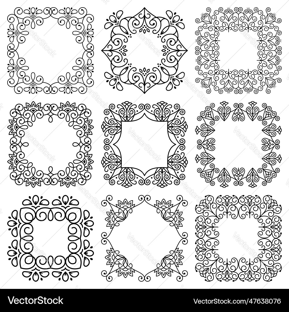 Set of square wide black frames and vignettes Set of square wide black frames and vignettes vector image