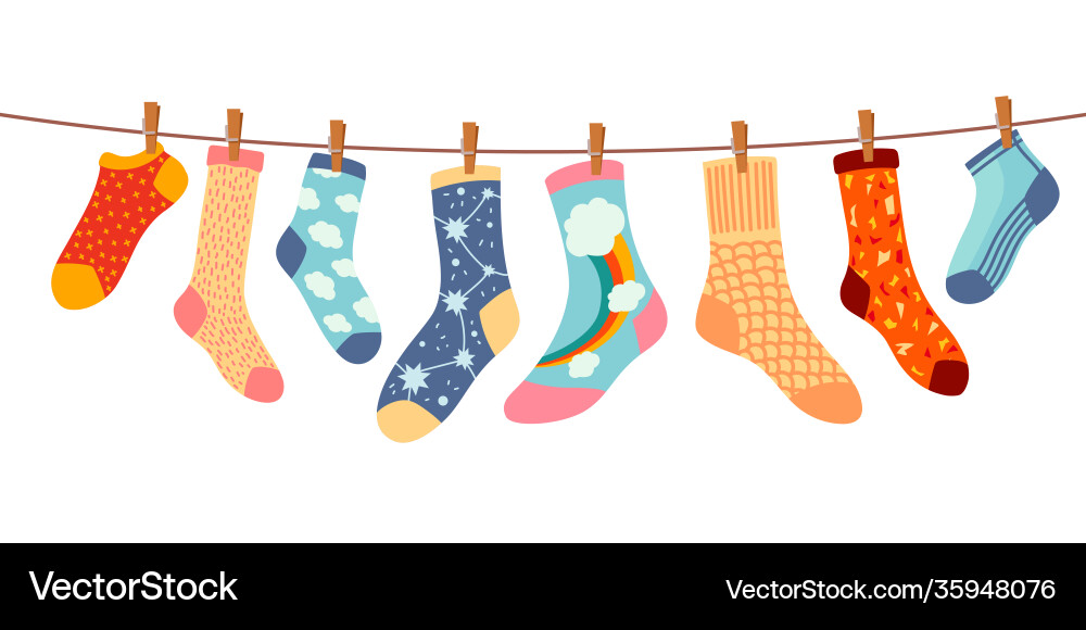 Socks on rope cotton or wool sock dry and hang Socks on rope cotton or wool sock dry and hang vector image