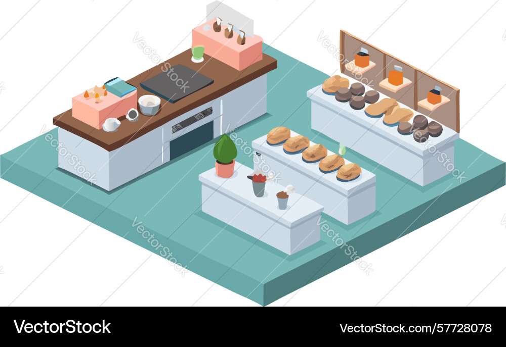 Isometric bakery display with assorted cakes Vector Image